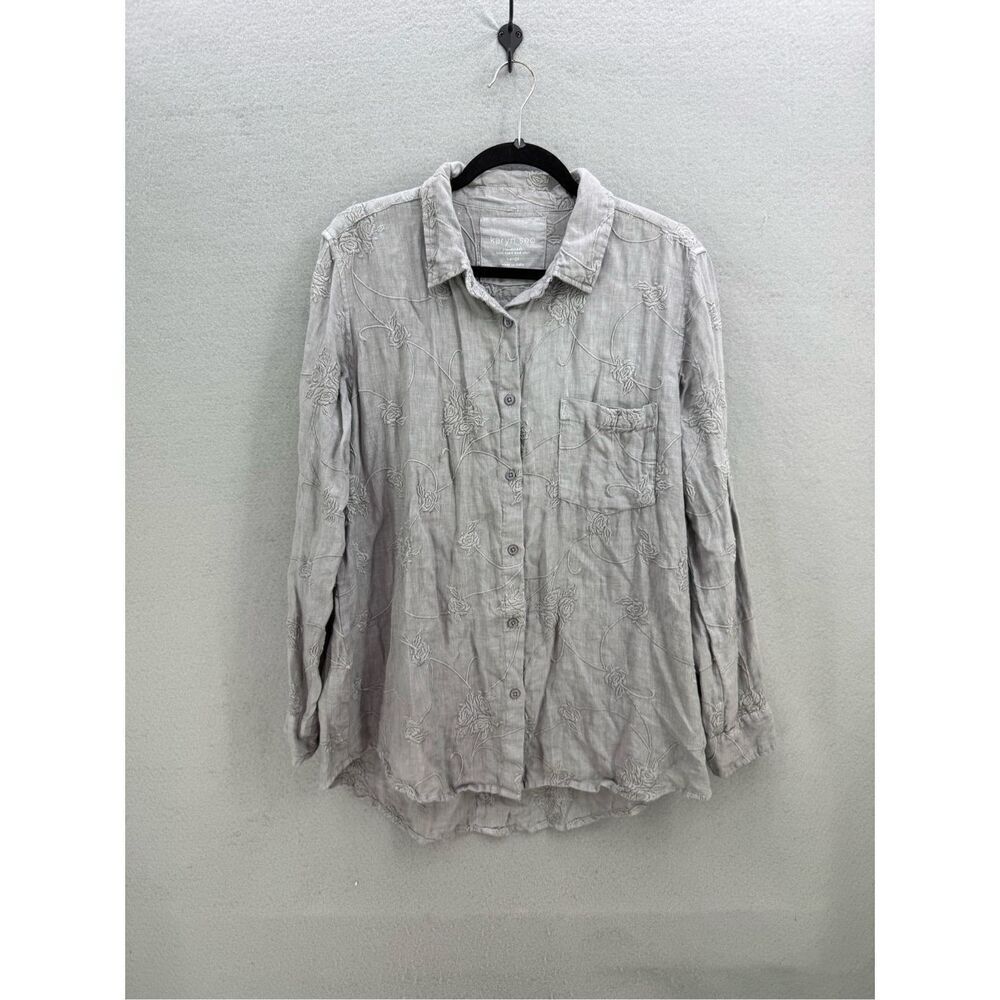 Karyn Seo Womens Gray Linen Embroidered Roll Tab Sleeve Button Up Shirt Sz Large